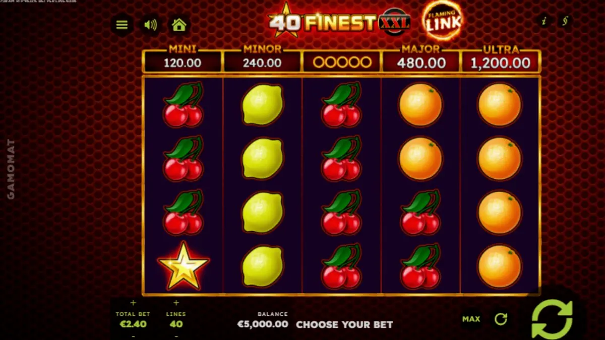 Tampilan visual slot 40 Finest XXL Flaming Link dengan simbol buah neon dan latar belakang api.