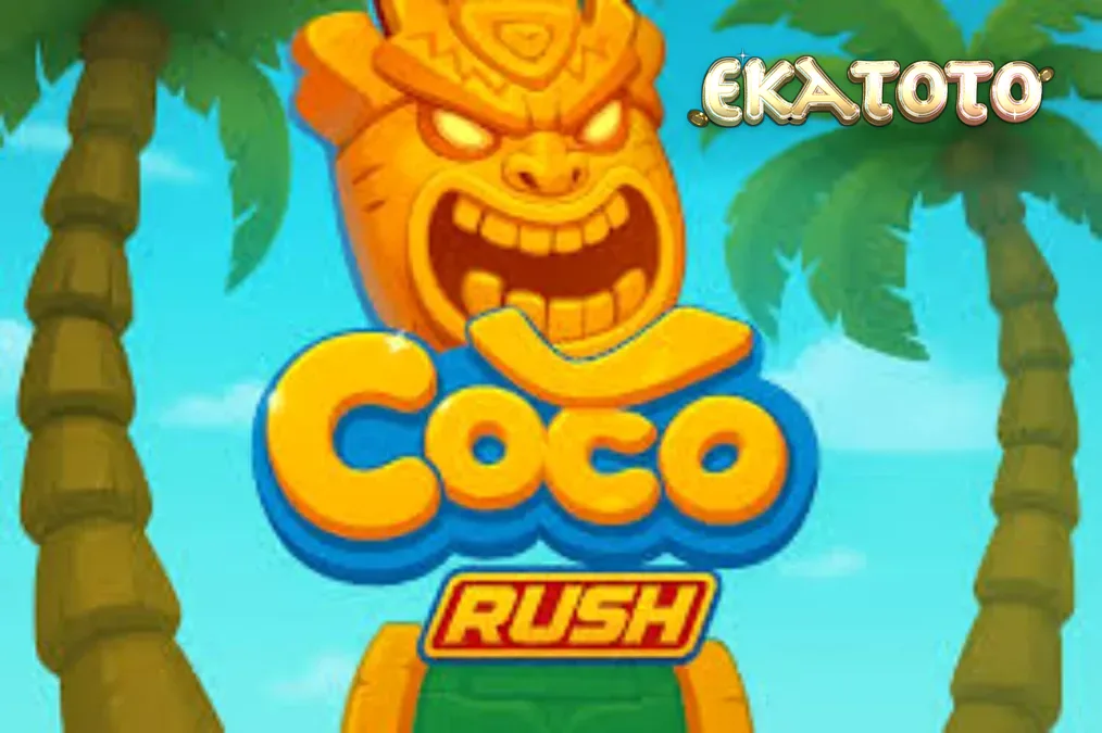 Tampilan visual slot Coco Rush dengan latar belakang pantai tropis dan simbol-simbol bertema harta karun.